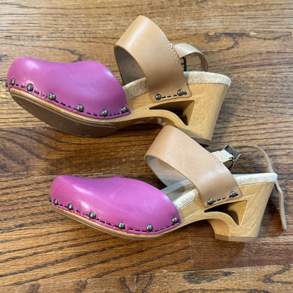 Dansko Pink and Tan Leather Clogs - Picture 2 of 4